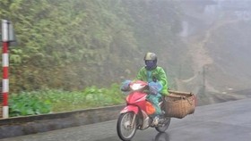 A person ride a scooter to deliver goods in frost and sleet in Dien Bien province (Photo: VNA
