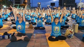 A mass yoga performance at the 8th International Day of Yoga in Da Nang (Photo: SGGP)