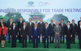 阮春福總理與APEC 21個經濟體貿易部長或代表合影留念。（圖源：互聯網）