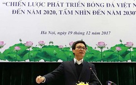 政府副總理武德膽出席落實發展越南足球至2020年的戰略與至2030年願景小結會議並發表指導意見。（圖源：光勝）