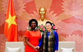 國會主席阮氏金銀（右）接見世界銀行亞太地區副主席維多利亞‧克瓦。（圖源：戰勝）