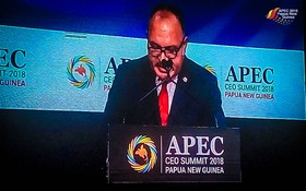 巴新總理奧尼爾在會議上呼籲APEC成員經濟體通過推動自由貿易、擁抱數字化等方式致力推動包容性增長。（圖源：APEC）
