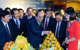 政府總理阮春福參觀和平省農產品展位。（圖源：光孝）