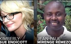 美國女遊客恩迪柯特和當地導遊米朗其，2日在烏干達西南部的一座國家公園旅遊時，遭4名持槍匪徒綁架。（圖源：視頻截圖）