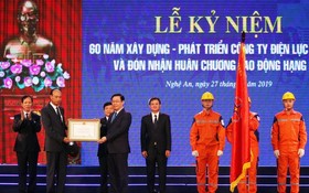 政府副總理王廷惠（前右）向乂安電力公司代表授予二等勞動勳章。（圖源：VGP）