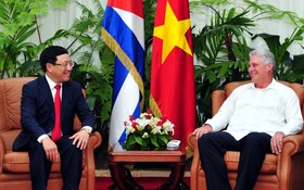 范平明副總理（左）與古巴國務委員會主席兼部長會議主席米格爾‧迪亞斯-卡內爾‧貝穆德斯舉行會晤。（圖源：越通社）
