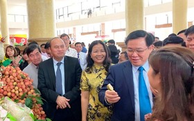政府副總理王廷惠（前右二）在經濟論壇場外參觀北江省推介的各種農產品。（圖源：誠鐘）