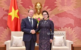 國會主席阮氏金銀（右）接見歐盟駐越南代表團團長、大使布魯諾‧安格萊特。（圖源：Quochoi.vn）