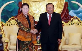國會主席阮氏金銀與老撾總書記、國家主席本揚握手。（圖源：越通社）