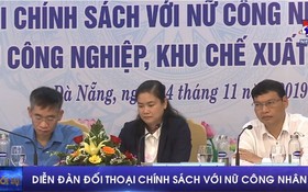 圖為峴港女工人政策座談會主持人席。（圖源：視頻截圖）
