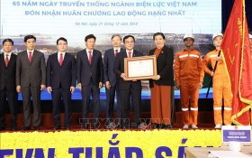 黨中央政治局委員、國會常務副主席從氏放（右三）向越南電力集團頒授一等勞動勳章。（圖源：越通社）