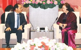 國會主席阮氏金銀（右）接見韓國駐越南大使朴能運。（圖源：越通社）
