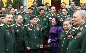 國家副主席鄧氏玉盛（前右三）在主席府前同第2軍團304師退伍軍人傳統聯絡處代表團交談。（圖源：越通社）