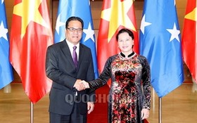 2018年6月5日，國會主席阮氏金銀（右） 與密克羅尼西亞聯邦國會主席韋斯利•西米納會晤。（圖源：Quochoi.vn）