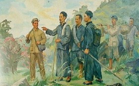 這幅畫描繪了胡志明主席在奔波海外尋找救國道路30年之後，1941年1月28日，回國就落腳在高平省河廣縣長河鄉北坡村並在這裡直接領導越南革命。（圖源：Hochiminh.vn）