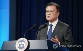 5月10日，在青瓦台春秋館，韓國總統文在寅發表就職四周年特別講話。 （圖源：韓聯社）