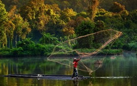 印度尼西亞的一名男子在森林湖泊上撒網捕魚。（圖源：聯合國）