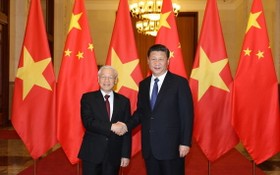 越南共產黨中央總書記阮富仲（左）與中共中央總書記習近平。（圖源：越通社）