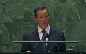朝常駐聯合國代表在聯大會講話時籲美放棄敵朝政策。（圖源：韓聯社）