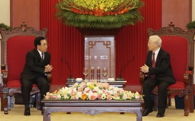 黨中央總書記阮富仲接見潘坎‧維帕萬總理。（圖：互聯網）
