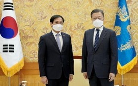 越南外長裴青山（左）會見韓國總統文在寅。（圖：越通社）
