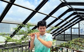 胡志明市經濟大學民歌俱樂部樂器隊隊長范文明吹竹笛。