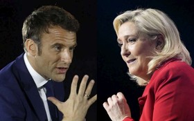 法國總統馬克龍︵左圖︶與極右翼黨派﹁國民聯盟﹂候選人瑪麗娜‧勒龐。