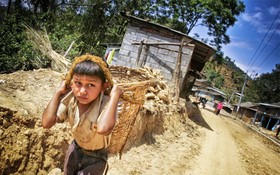 一名小男孩在尼泊爾加德滿都附近工作。