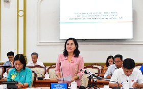 市人民議會主席阮氏麗在監察會議上致詞。