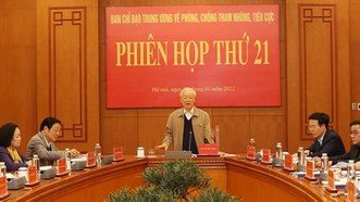 Tổng Bí thư Nguyễn Phú Trọng, Trưởng Ban Chỉ đạo Trung ương về phòng, chống tham nhũng, tiêu cực, chủ trì phiên họp thứ 21 của Ban Chỉ đạo. Ảnh: TTXVN
