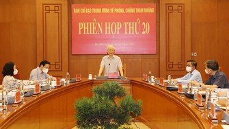 Tổng Bí thư Nguyễn Phú Trọng chủ trì phiên họp thứ 20 của Ban Chỉ đạo Trung ương về phòng, chống tham nhũng vào tháng 8-2021. Ảnh: TTXVN