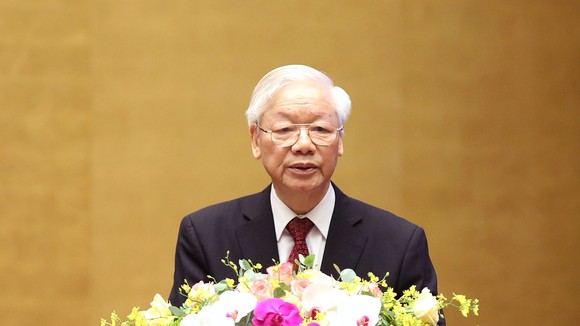 Tổng Bí thư Nguyễn Phú Trọng phát biểu tại hội nghị. Ảnh: QUANG PHÚC