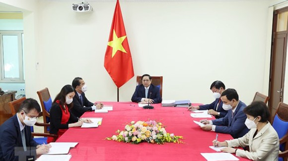 Thủ tướng Phạm Minh Chính phát biểu tại buổi điện đàm. ẢNh: TTXVN