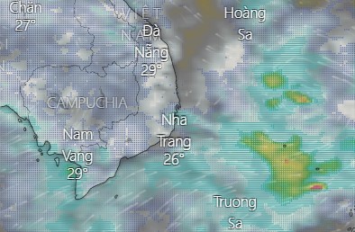 Vùng áp thấp trên khu vực giữa Biển Đông. Ảnh: Windy