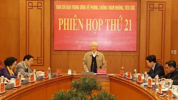 Tổng Bí thư Nguyễn Phú Trọng, Trưởng Ban Chỉ đạo Trung ương về phòng, chống tham nhũng, tiêu cực chủ trì phiên họp thứ 21 của Ban Chỉ đạo. Ảnh: TTXVN