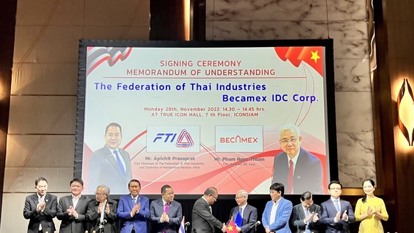 Đại diện lãnh đạo hai đơn vị, Ông Phạm Ngọc Thuận – Tổng Giám đốc Tổng công ty Becamex IDC và Ông Apichit Prasoprat, Phó Chủ tịch Liên đoàn Công nghiệp Thái Lan, ký kết bản thỏa thuận hợp tác