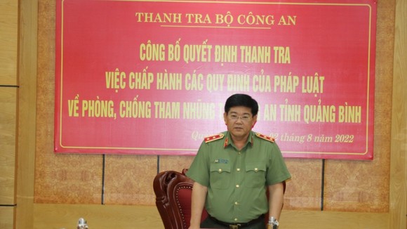 Trung tướng Trần Đức Tuấn, Chánh Thanh tra Bộ Công an phát biểu tại buổi công bố quyết định thanh tra tại Công an tỉnh Quảng Bình