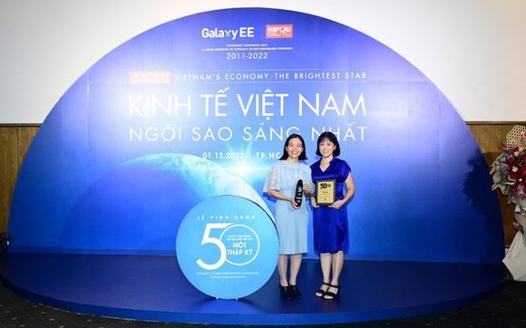 天龍集團總經理陳芳娥（左）與財務會計副總經理武氏海霞榮獲“越南最佳運營績效公司50強”獎項後合影。（圖：映陽）