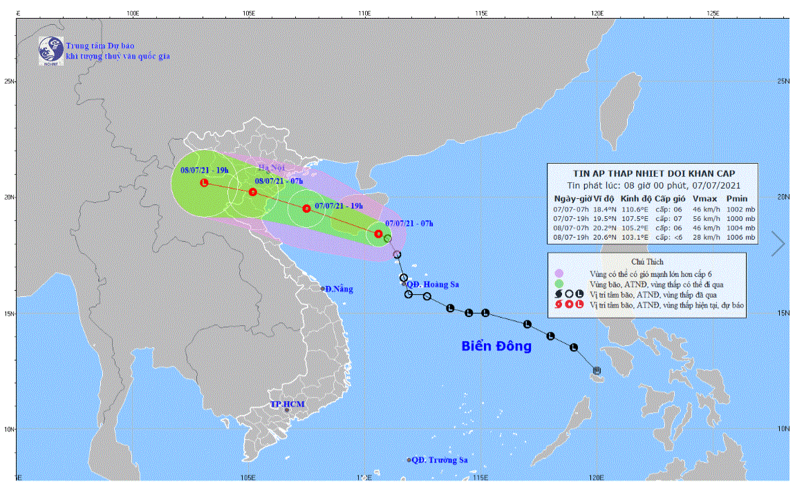 Vị trí và đường đi của áp thấp nhiệt đới. Ảnh: Trung tâm Dự báo Khí tượng Thủy văn Quốc gia