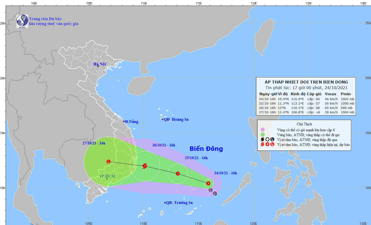 Đường đi của áp thấp nhiệt đới trên Biển Đông. Ảnh: TTDBKTTVQG 