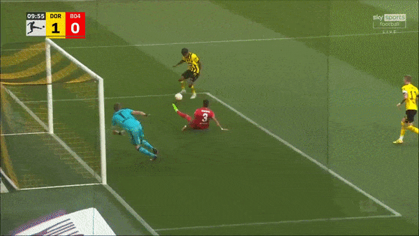 Borussia Dortmund vs Leverkusen 1-0: Moukoko căng ngang, Adeyemi dứt điểm, Marco Reus sút bồi ghi bàn duy nhất, Hradecky nhận thẻ đỏ