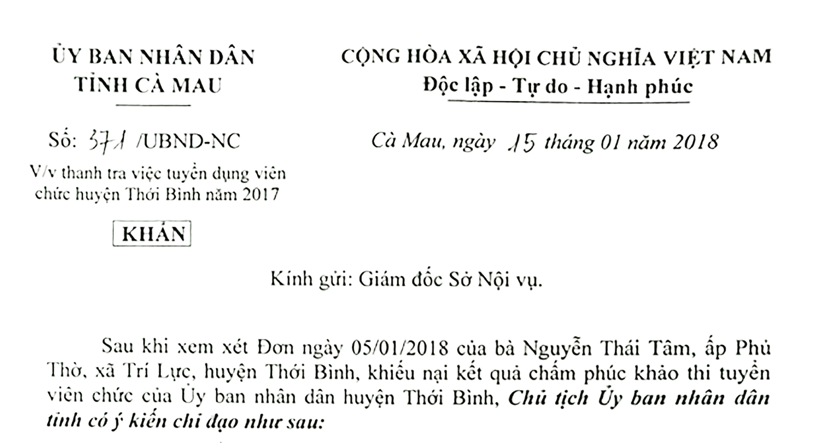 Công văn chỉ đạo của Chủ tịch UBND tỉnh Cà Mau