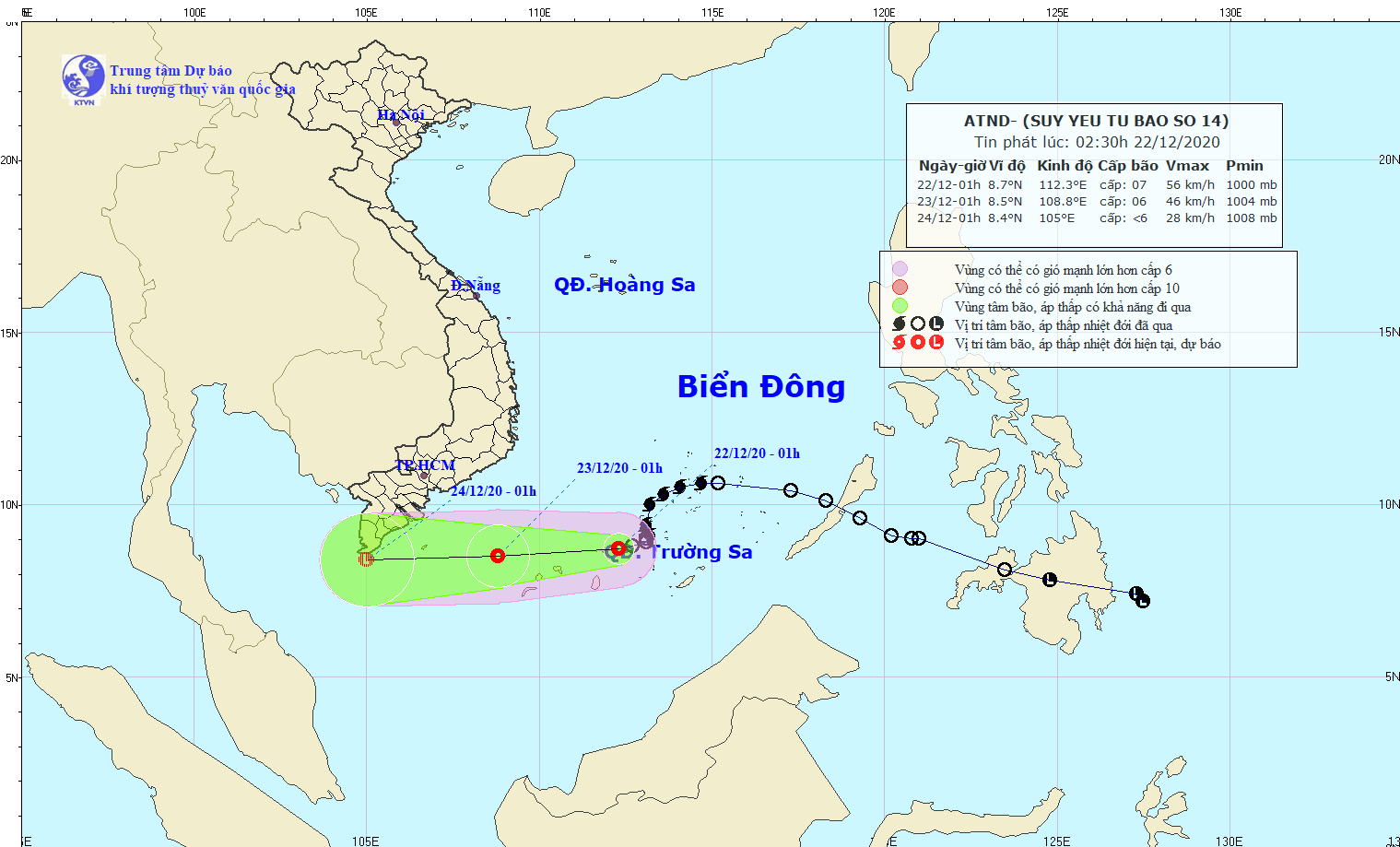 Bão số 14 trên khu vực Nam Biển Đông đã giảm cấp thành áp nhiệt đới. Ảnh: Trung tâm Dự báo khí tượng - thủy văn quốc gia
