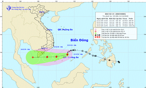 Vị trí và đường đi của bão số 14. (Nguồn: Trung tâm Dự báo Khí tượng Thủy văn Quốc gia)