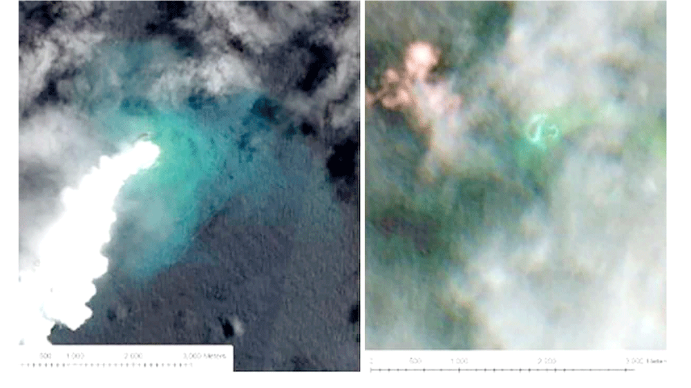 Hình ảnh vệ tinh cho thấy núi lửa đang phun trào dưới biển (bên trái) và hòn đảo mới được tạo ra