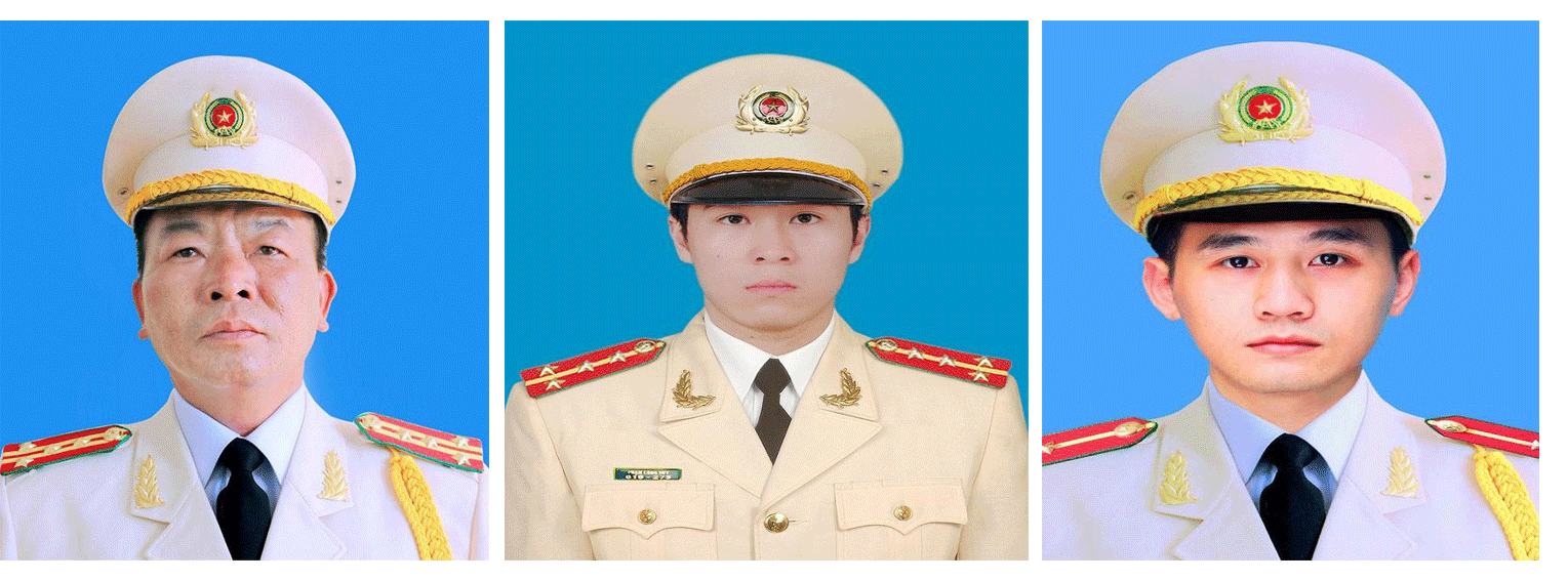 Chân dung 3 liệt sĩ: Đại tá Nguyễn Huy Thịnh, Đại úy Phạm Công Huy, Thượng úy Dương Đức Hoàng Quân (từ trái qua phải)