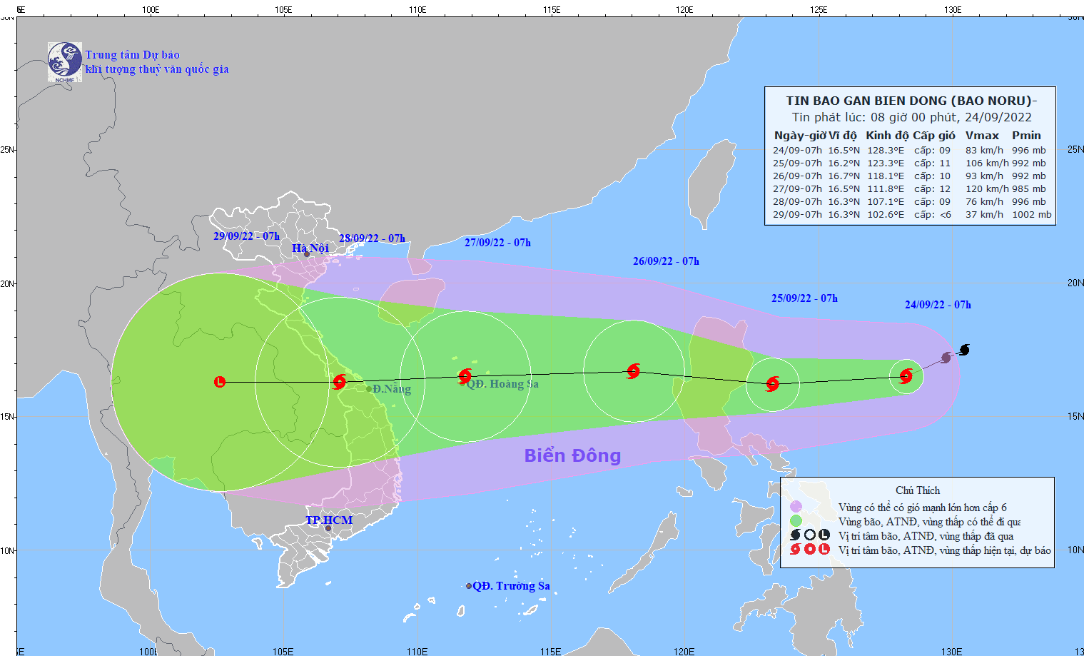 Vị trí và hướng di chuyển của cơn bão Noru