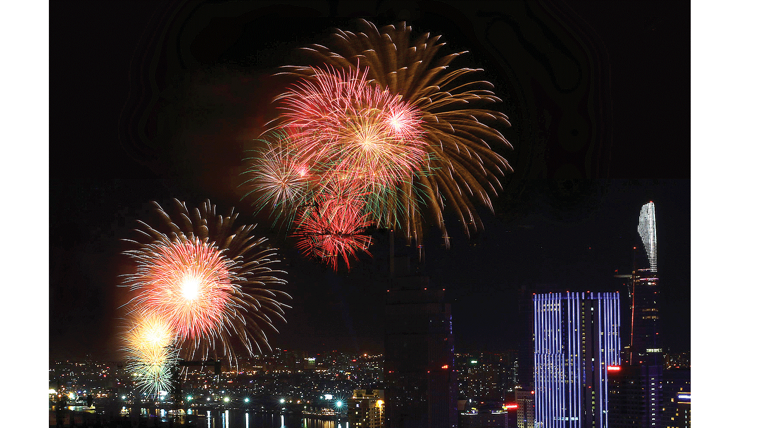 A high range firework show in downtown HCMC