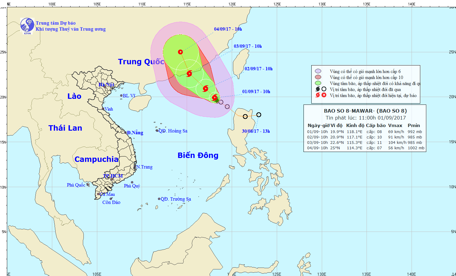 熱帶低氣壓轉強成 8 號颱風及其移動方向。（圖源：中央水文氣象預報中心）