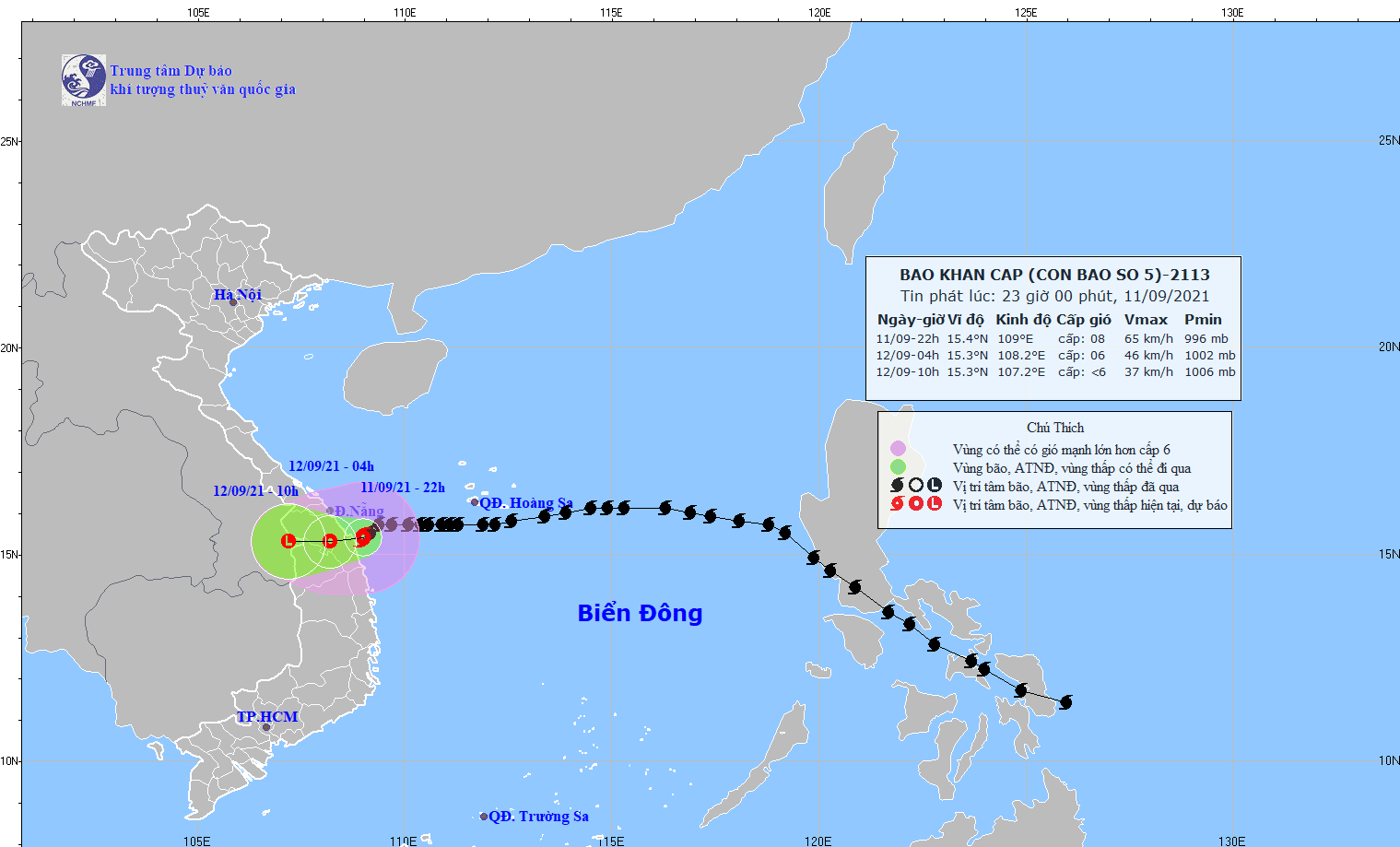 Hồi 22 giờ ngày 11-9, vị trí tâm bão số 5 ngay trên vùng biển từ Đà Nẵng đến Bình Định ảnh 1